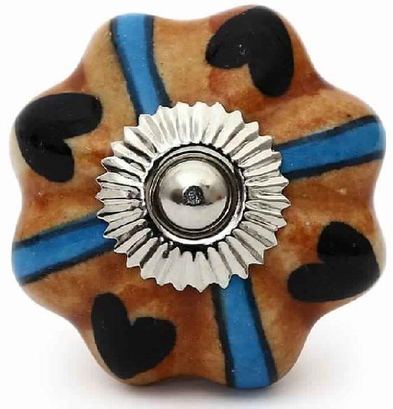 CERAMIC HANDCRAFTED MUSTARD BLUE & BLACK DESIGNED PUMPKIN KNOB