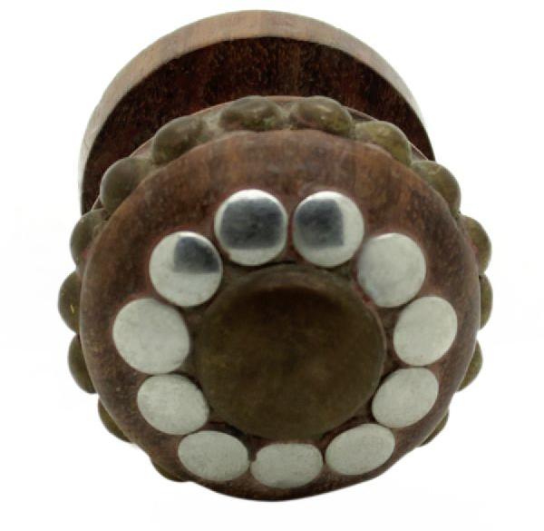 WOODEN HAND CARVED BROWN & SILVER INLAY BRASS DESIGNED KNOB