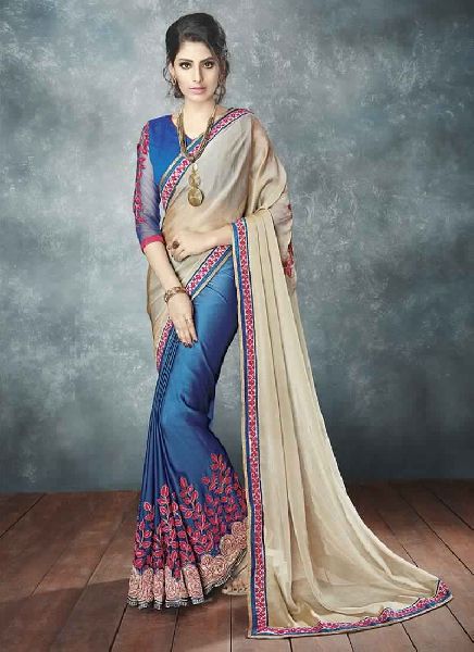 Blue Colour Chiffon Embroidered Saree With Unstitched Blouse Piece