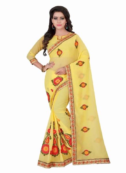 Chiffon Yellow Embriodery Saree With Unstitched Blouse Piece