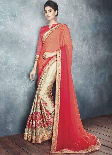 Golden Colour Chiffon Embroidered Saree With Unstitched Blouse Piece