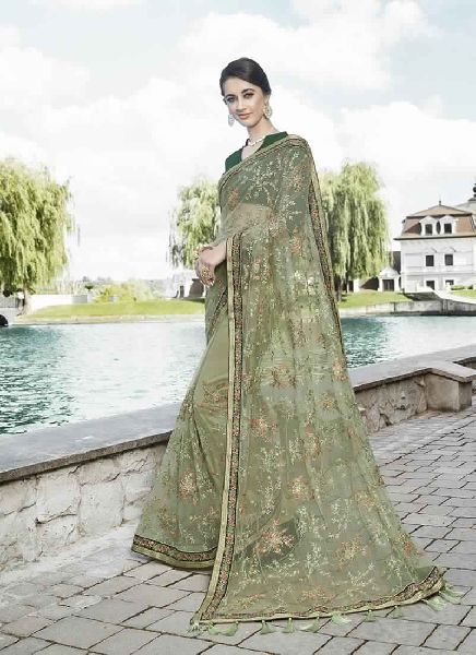 Light Green Colour Net Embroidery Saree, Saree Length : 5.50 mtr