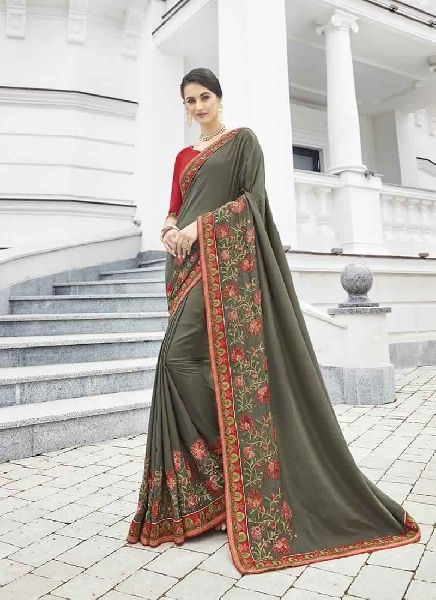 Olive Colour Banglori Silk Embroidery Saree With Unstitched Blouse