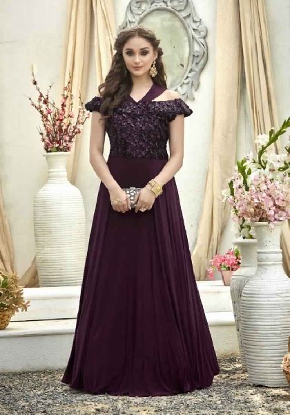 Purple Colour Jacquard Embroidered Stitched Gown