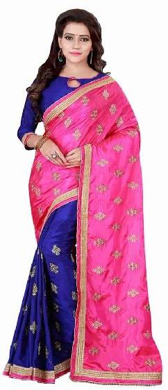 Satin Silk Pink and Blue Embriodery Half and Half Saree With Unstitched Blouse