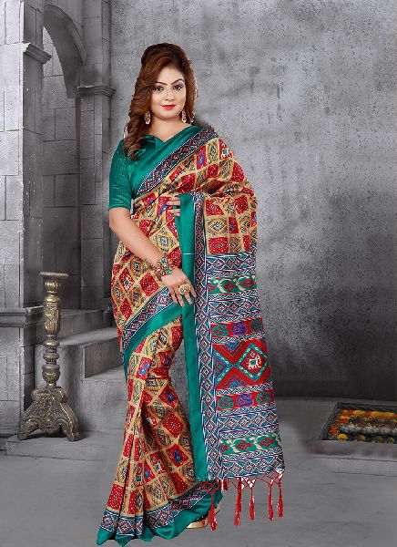 Turquoise and Red Colour Crepe Silk Patola Saree