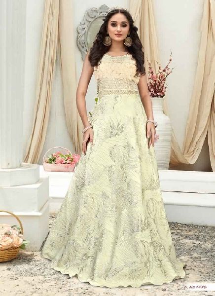 White Colour Jacquard Embroidered Stitched Gown