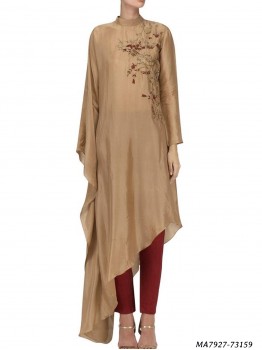 Beige Modal Embroidery Party Knee-Long Kurti