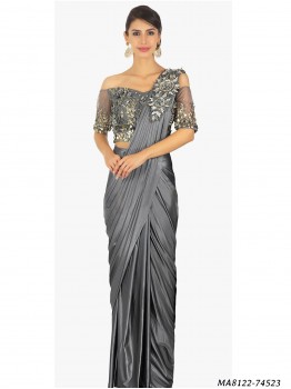 Grey Satin Hand Work Wedding Designer Saree