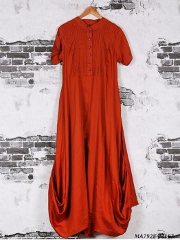 Red Cotton Silk Solid Party Knee-Long Kurti