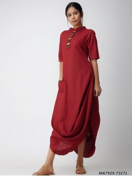 Red Linen Solid Party Knee-Long Kurti