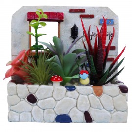 polyresin planter with artificial succulents