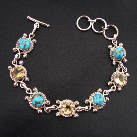 925 STERLING SILVER HAND CRAFTED CITRINE and TURQUOISE BRACELET