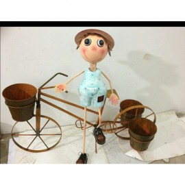 BOY ON BIKE WITH Three POTS Metal Planter for Home