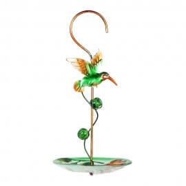 Hanging green bird with glass feeder