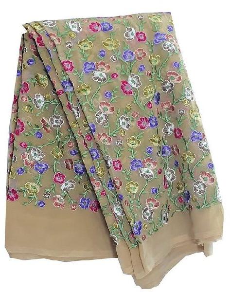 Pink green blue embroidery Beige georgette fabric