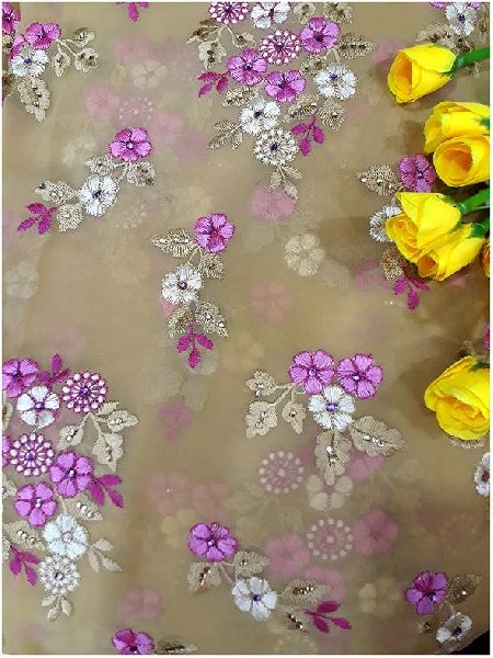 Beige georgette fabric pink white embroidery stone work, blouse skirt material