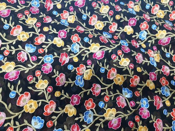 Black georgette fabric pink green blue embroidery blouse dress wedding material