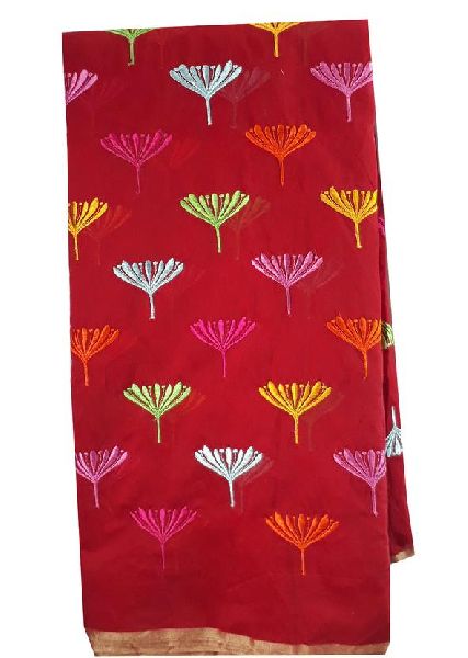 Cotton Chanderi Fabric By Meter Red n Multi Floral Embroidery Dress Material