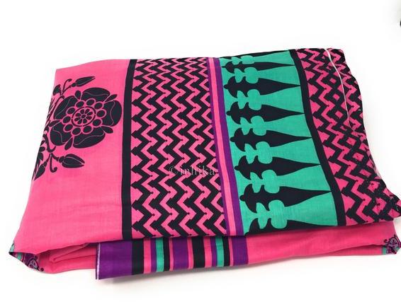 Cotton Printed fabric pink base black print multicolour panel Fabric