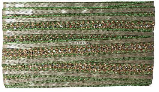 Green Thread Base Silver Glitter On Edges Gold Embroidered Mirror Stone Work Thread Base Lace