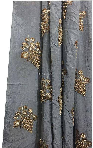 Kurti Material Blouse Fabric by meter Grey Chiffon cream pearls embroidery