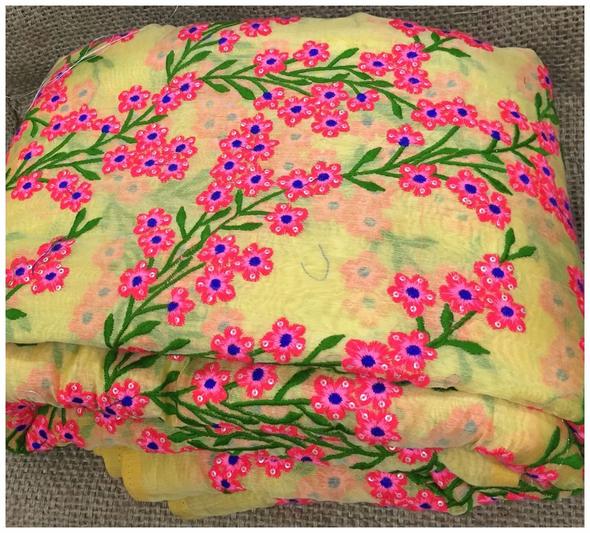 Pink Blue Embroider Sequin Yellow Chanderi Blouse Fabric