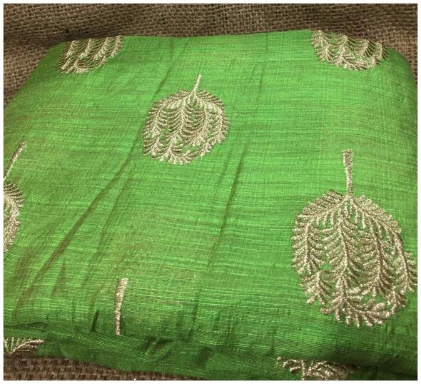 Kurti Material Fabric by meter Silverish Gold Embroidery on Green Cotton