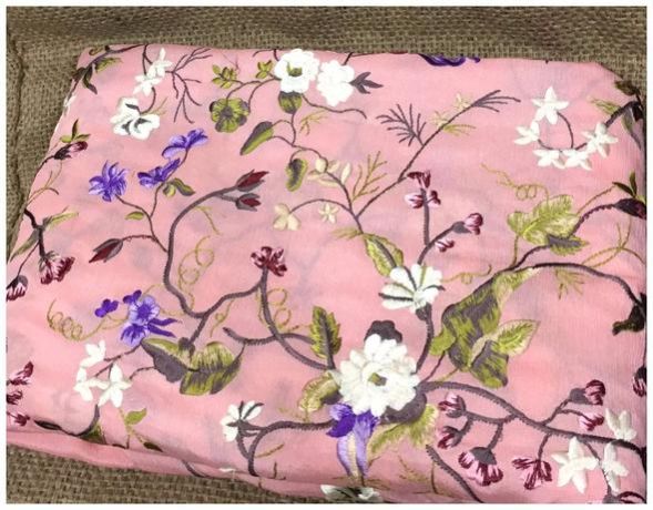 White Green Embroidery Peach Pink Chiffon Fabric