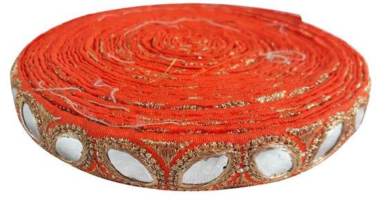 Lace border orange polycotton base gold embroidery faux mirror