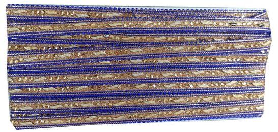 Lace border trim thin 1 cm wd royal blue base gold stone pasting