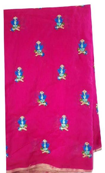 Rani Pink Chanderi Cotton Fabric By Meter Blue Tulip Embroidery Dress Material