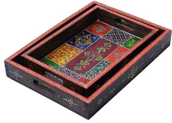 Brown colour handpainted wooden trays