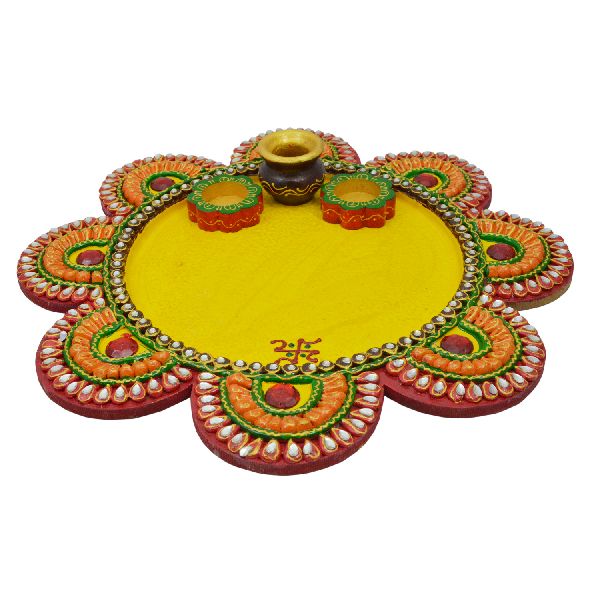 Flower shape matki puja thali with kundan work