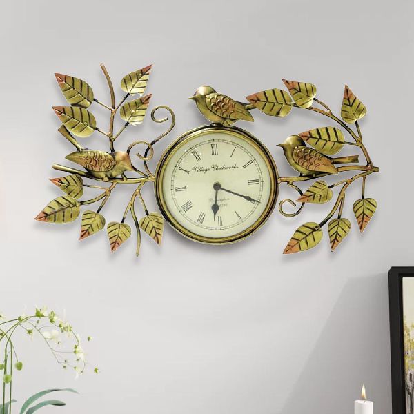 Golden leaf and sparrow wall clock