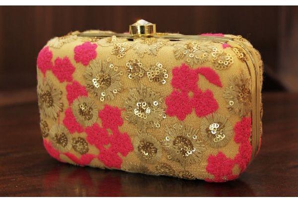GOLD EMBROIDERED CLUTCH WITH NEON CROSSHATCH