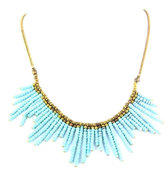 ILEYLA FASHION SHORT NECKLACE WITH DANGLING TURQUOISE BEAD STRINGS