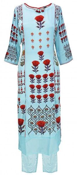 TURQUOISE PURE CREPE MUGHAL JAAL SET
