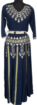 Extensive Golden Embroidered abaya in blue crepe