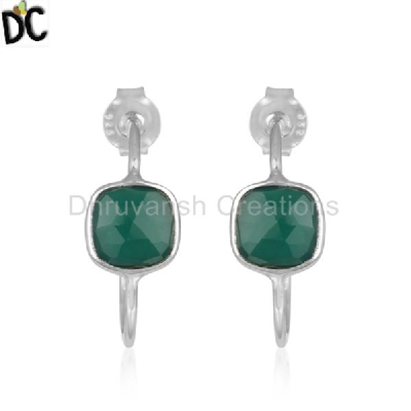 Green Onyx Gemstone 925 Silver Handmade Hoop Earrings