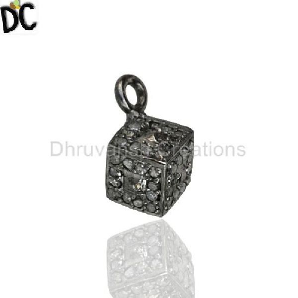 Pave Diamond Square Charm Pendant, Purity : STERLING SILVER