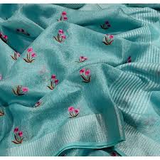 Traditional Embroidered Tissue Linen Sarees, Technics : Attractive Pattern