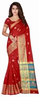 Red Colored Cotton Silk Saree With Free Blouse.