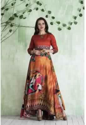 Silk Brown and Multi Printed Gown