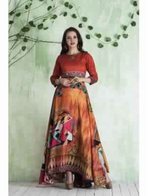 Silk Orange and Multi Printed Gown