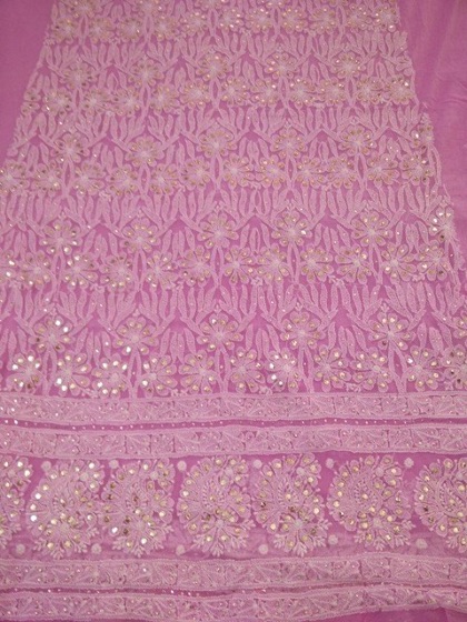 Bright Pink Net Chikankari Suit with Golden Mukaish