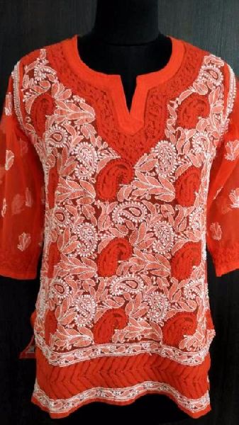 Orange Georgette top in Lucknow Embroidery