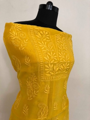 Orangish Yellow Chanderi Chikan Work Suit