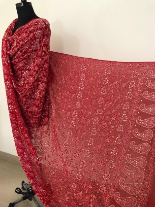 Red Pure Georgette Lucknowi Dupatta With Golden Mukaish