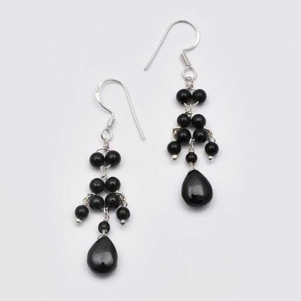 Black Spinel Beads Earrings with Silver